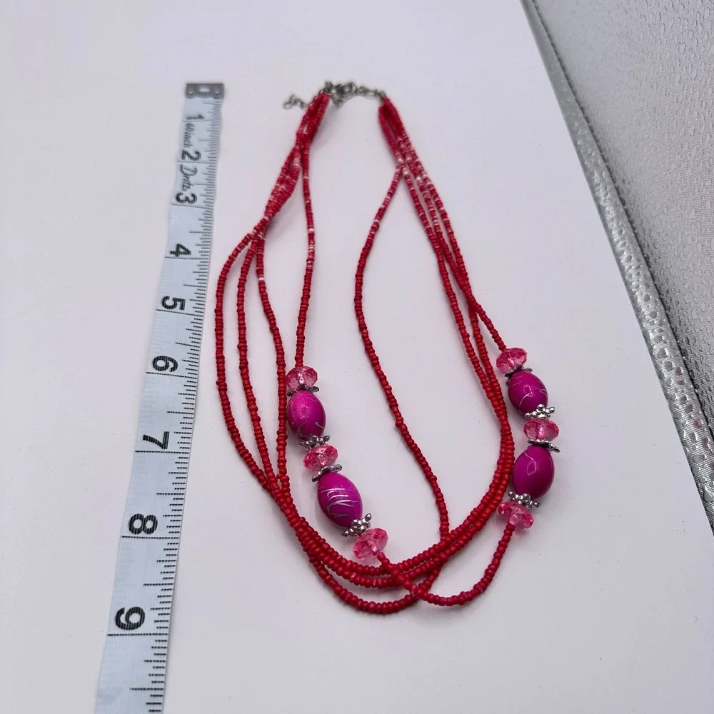 Vintage Y2K Silver Tone Multi Strand Red & Pink Beaded Necklace Jewelry
